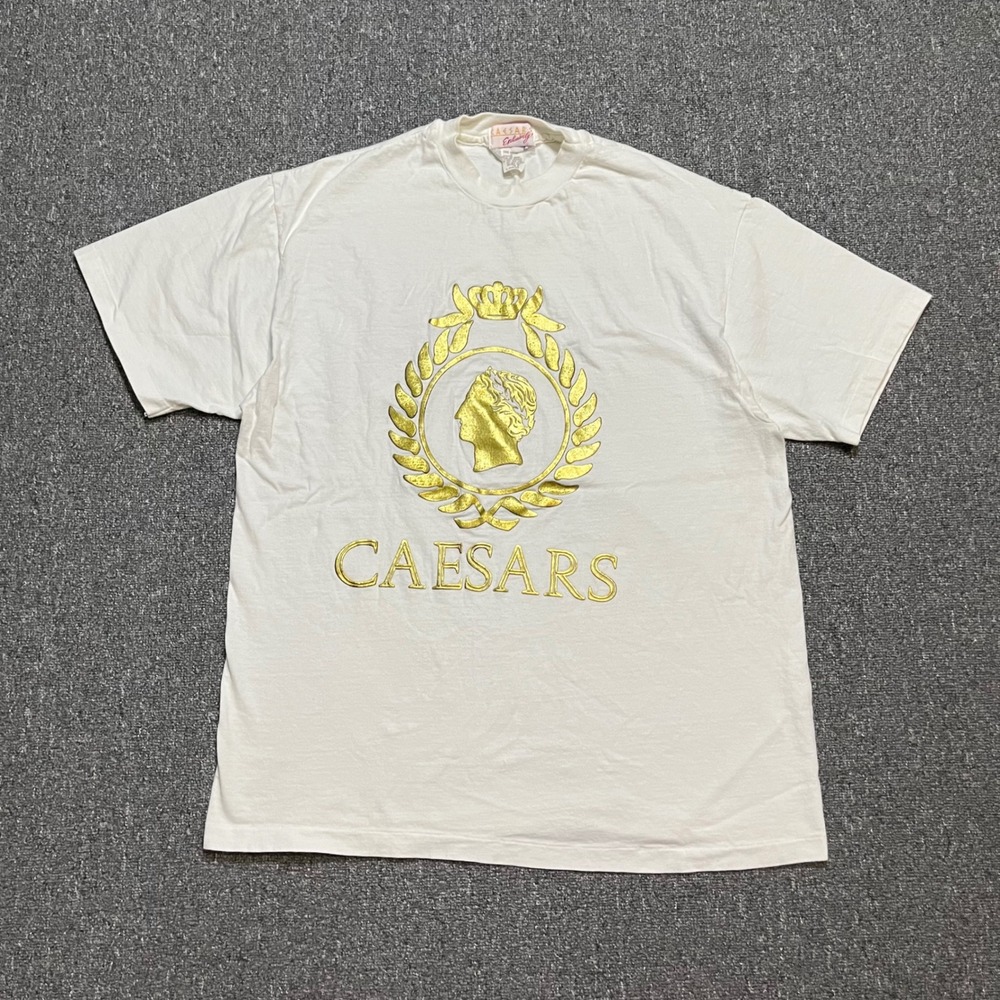 Vintage Caesars Palace T Shirt‎ Large White Gold Foil Casino Las Vegas 90s Tee